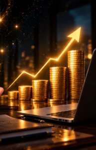 Career growth palmistry illustration with golden palm lines and financial success and money symbols