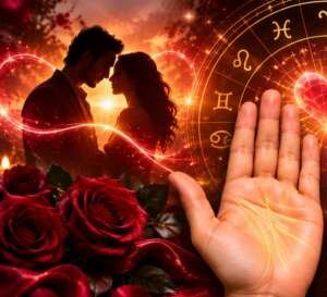Love and relationship palmistry illustration with golden palm lines and heart symbols
