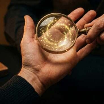 palm with magnifine glass at astroyes